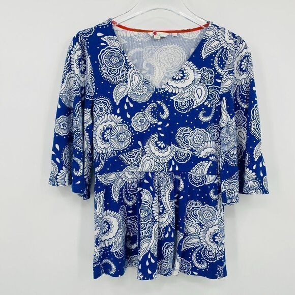 Boden Size 2 Blue & White Paisley Floral Print V Neck Bell Sleeve Knit Top - Picture 1 of 9